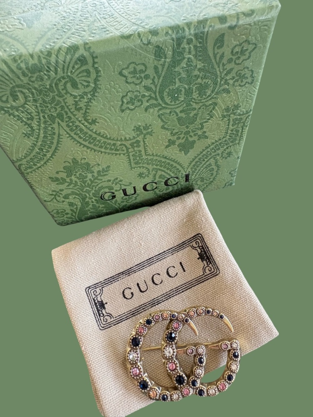 Gucci Gold-tone Double G Brooch with Multicolor Crystals